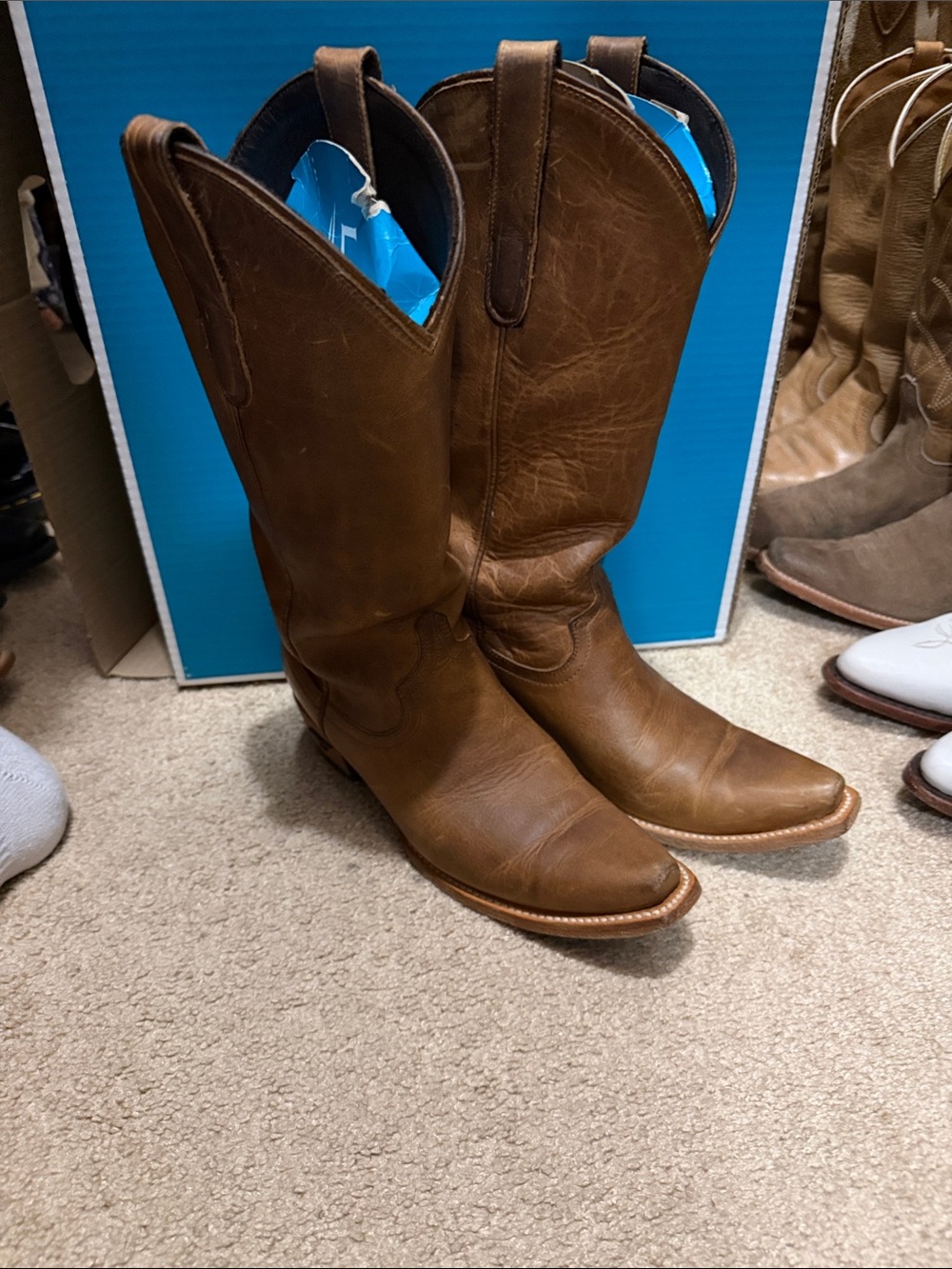 Women's Brown Leather Western Combat Boots with Pull Tabs